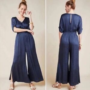 Anthropologie Maeve Marin Animal Jacqueline Jacquard Jumpsuit Navy Blue Size XL